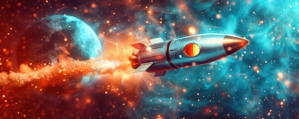A space rocket leaving the Earths atmosphere, leaving behind a blue and green planet while entering a field of twinkling stars