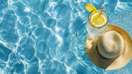 Colorful flatlay of summer fun by the pool. Perfect for water themed party invitations and announcements, product mockups, text backgrounds, and graphic banners.