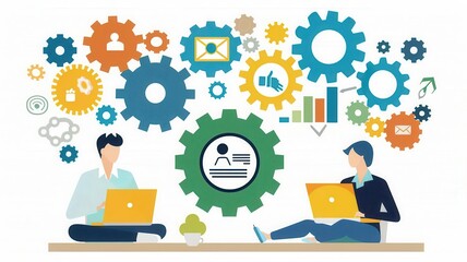 Cartoon clipart of coworkers using laptops in an industrial workspace