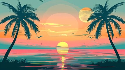Obraz premium Modern illustration of sunset on summer beach background