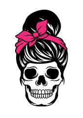 Mom life | Skull Woman | Messy Bun Hair | Fashion skeleton Mom | Pink Head Band | Hair Bun | Hair Style | Death Fashion | Original Illustration | Vector and Clipart | Cutfile and Stencil