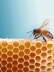 Glowing amber nectar: A honeycomb brims with raw honey, a bee perched on its edge.