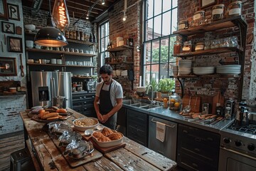 Industrial Kitchen A kitchen with exposed brick walls, stainless steel appliances, and metal shelving. Include a wooden island and industrial light fixtures