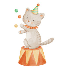 Cute watercolor circus cat juggler. Funny retro animal. Hand drawn color illustration for kids and nursery © Elena