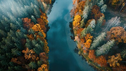 Breathtaking panoramic aerial view of hills of colorful red, orange and yellow trees in mixed coniferous forest and mountain river in morning fog. Scenic autumn landscape.