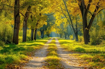 Fototapeta premium A walking lane path through a forest with green trees. Beautiful alleyway in a park. Pathway through a forest with dark trees.
