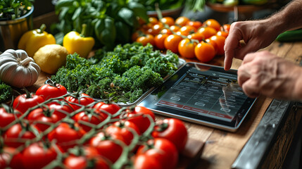 Close-up of hands using digital tablet and vegetables on table