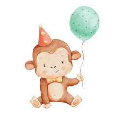Cute watercolor circus monkey with balloon. Funny retro animal. Hand drawn color illustration for kids and nursery