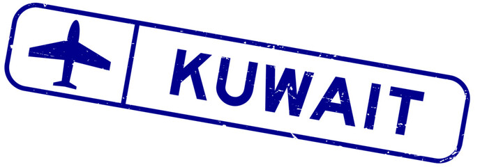Grunge blue kuwait word with plane icon square rubber seal stamp on white background