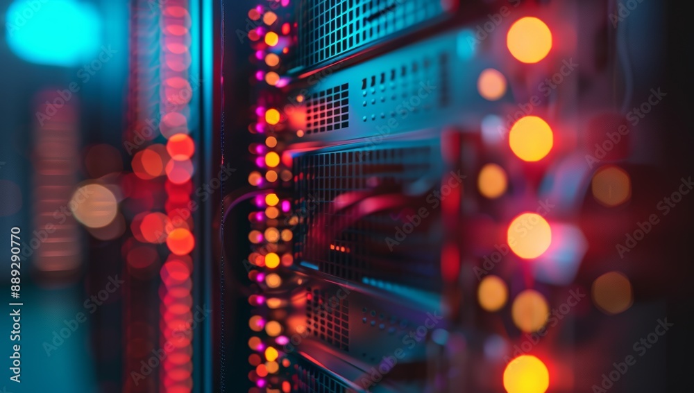 Poster Glowing server rack in data center with blurred bokeh lights