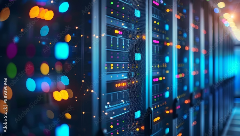 Poster glowing lights in a dark server room with bokeh effect