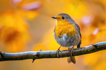 Fototapeta premium A small yellow and gray bird sitting on a branch, looking around