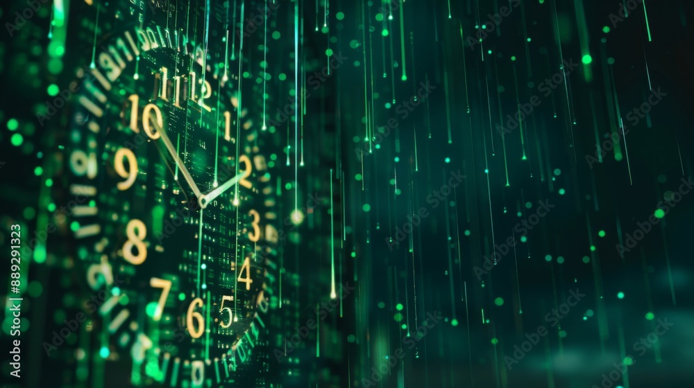 Aufkleber a digital clock with green, glowing numbers and hands, surrounded by a digital rain effect.