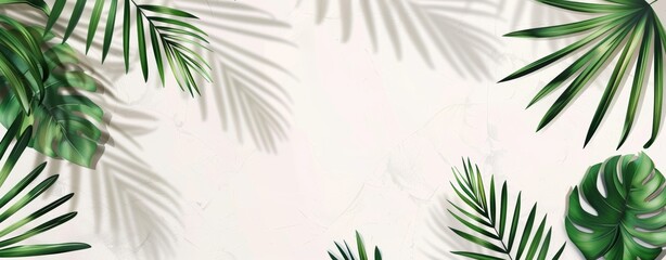 White background with top view of tropical leaves on tree branches