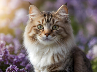 Portrait of a cat in the garden, soft fluffy straight eared kitty with floral background