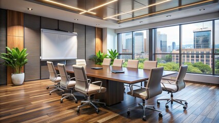 Fototapeta premium Modern conference room with a projector screen, flipchart, and empty chairs awaiting attendees, conveying a sense of professionalism and corporate atmosphere.
