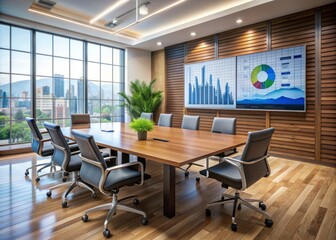 Fototapeta premium Modern conference room with large TV screen displaying data analysis dashboard, empty chairs and sleek wooden table, awaiting business presentation and discussion.