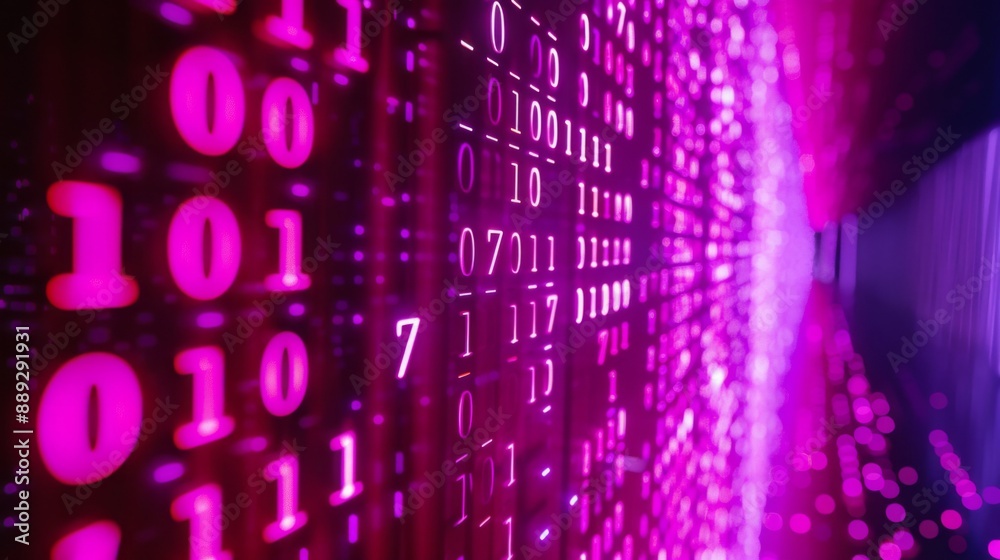 Aufkleber A close-up of a binary code display with pink lights illuminating the numbers.