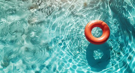 Summer and vacation concept. Orange swimming pool ring floating in blue pool water.