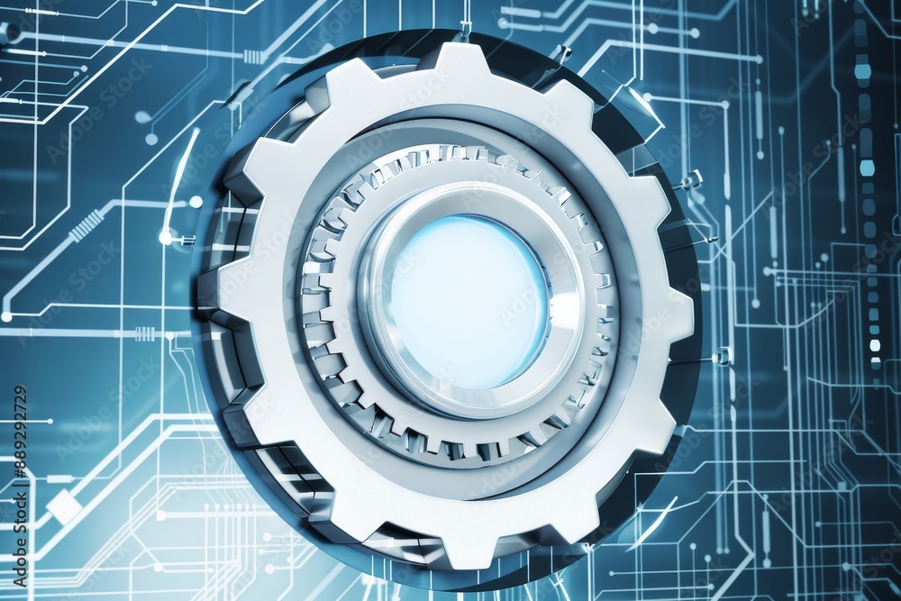 Poster Abstract representation of gears integrated into a circuit board, symbolizing the fusion of mechanical engineering and modern digital technology