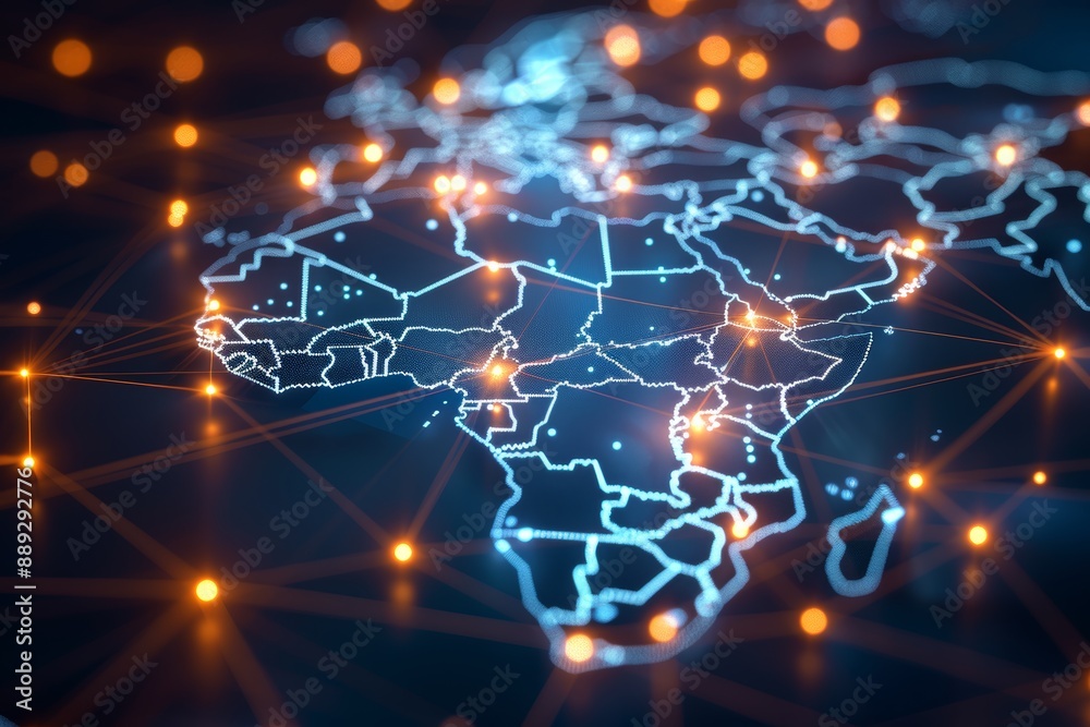 Poster glowing blue digital map of africa with circuit board and glowing dots