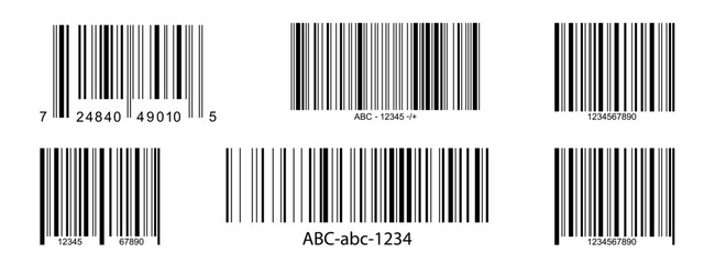 Set of barcode label templates isolated on white background. Bar code icons. Visual data digital representation with product information. Vector graphic illustration