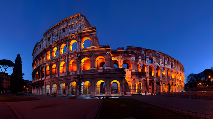 As the sun sets and the sky darkens, the ancient Colosseum in Rome is illuminated, casting a majestic glow over the historic site and the surrounding cityscape