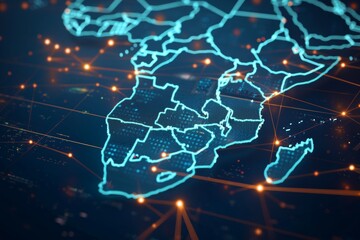 Obraz premium Glowing Blue Digital Map Of Africa With Glowing Yellow Connection Lines