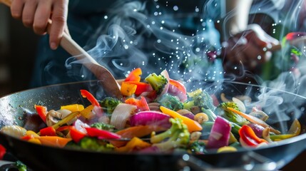 A person stirring a colorful vegetable stir-fry in a wok, with fresh ingredients and steam rising