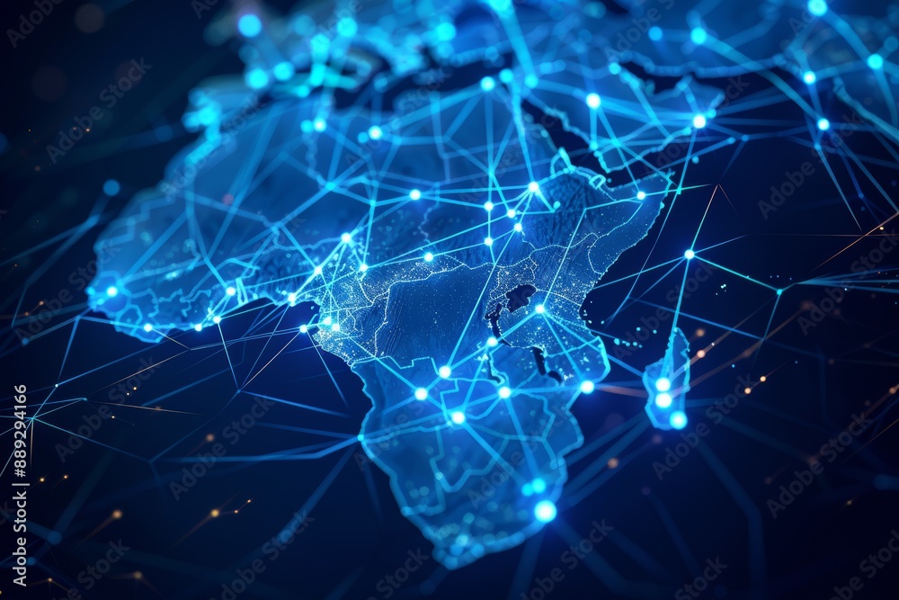 Poster glowing blue digital africa map with glowing dots and lines
