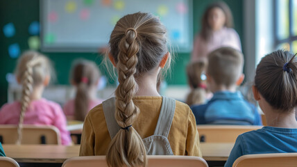A girl with long hair sits in a classroom with other students