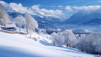 Winter Wonderland with Snow-Covered Chalet and Trees