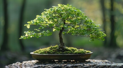 Serene hornbeam bonsai tree with fresh leaves in a peaceful forest