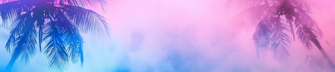 Silhouettes of palm trees against a smoke neon background. Vacation concept. Retrowave, synthwave, vaporwave aesthetics. Retro design, webpunk, retrofuturism. Illustration for design, poster, banner.