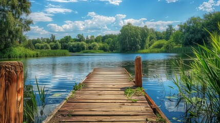 Obraz premium Stunning summer landscape with a lake and wooden dock in the forest on a bright sunny day. Scandinavian nature background. Summer vacation.