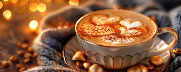Cozy scene of a cup of coffee with heart-shaped latte art on a saucer, surrounded by warm lights and a soft blanket, perfect for autumn or winter.