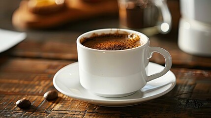 A steaming cup of coffee on a rustic wooden table, perfect for breakfast or a cozy coffee break.