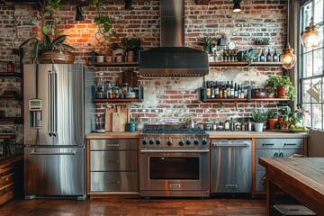 Industrial Kitchen A kitchen with exposed brick walls, stainless steel appliances, and metal shelving. Include a wooden island and industrial light fixtures