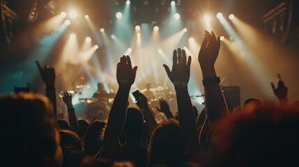 The hands are raised at a summer concert with colorful stage lights