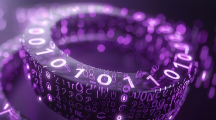 A close-up of purple, glowing rings of binary code.