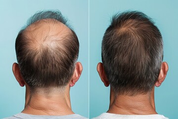A mans hair growth before and after treatment, showing noticeable hair growth on the crown of the head