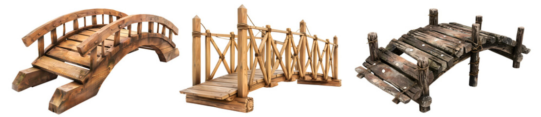 Set collection of arch rustic wooden wood suspended suspension bridge footbridge boardwalk side view on transparent cutout PNG file. Many different style. Mockup template for design