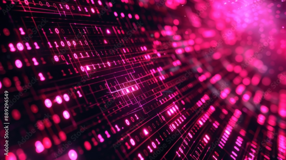Poster A close-up of a digital background with glowing pink binary code, featuring a grid pattern and blurred lights.