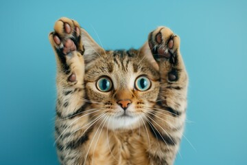 Naklejka premium Surprised, shocked cat face with paws on its head on a blue background