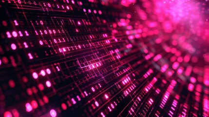 A close-up of a digital background with glowing pink binary code, featuring a grid pattern and blurred lights.