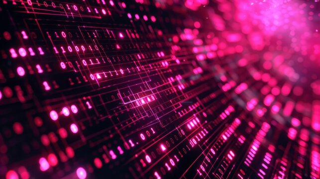 A close-up of a digital background with glowing pink binary code, featuring a grid pattern and blurred lights.