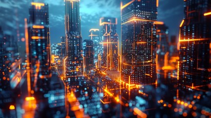 Fototapeta premium Futuristic cityscape with glowing orange and blue neon lights