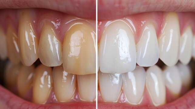 Before and after teeth whitening split image; stained yellow teeth on the left, white teeth on the right