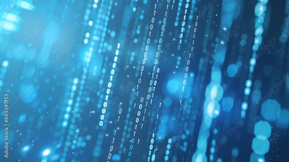 Poster Binary code falls like rain on a blue background. The code is white and the background is a gradient of blue.