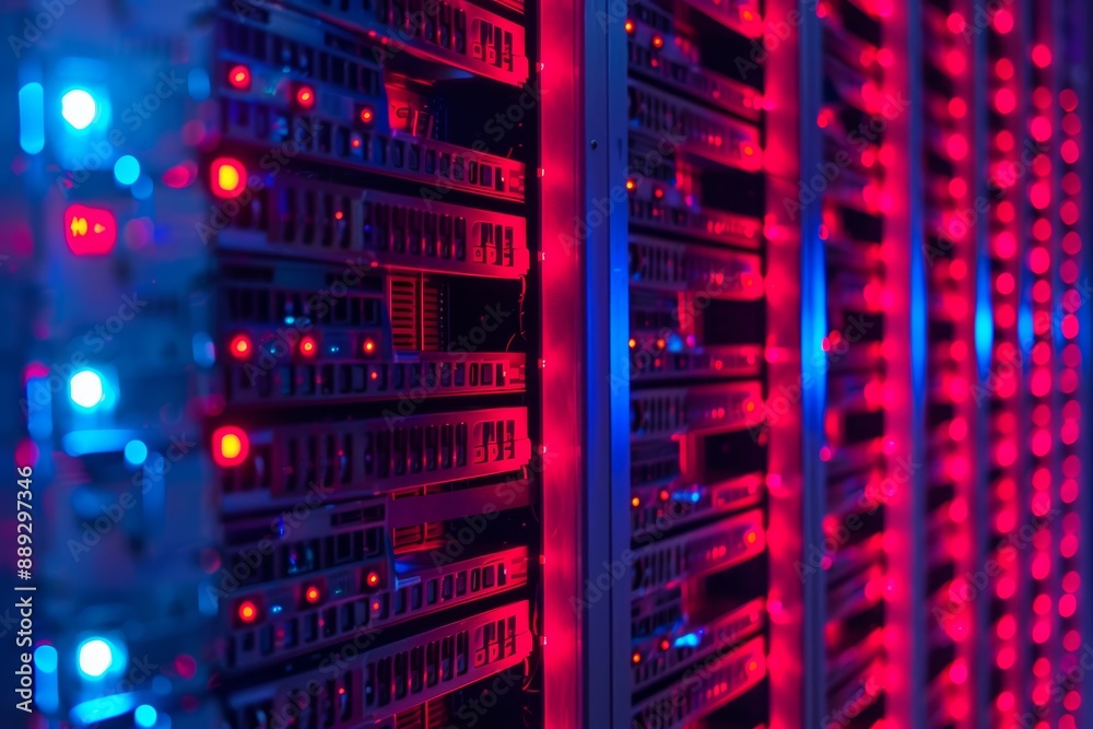 Poster Glowing red and blue server racks in a data center